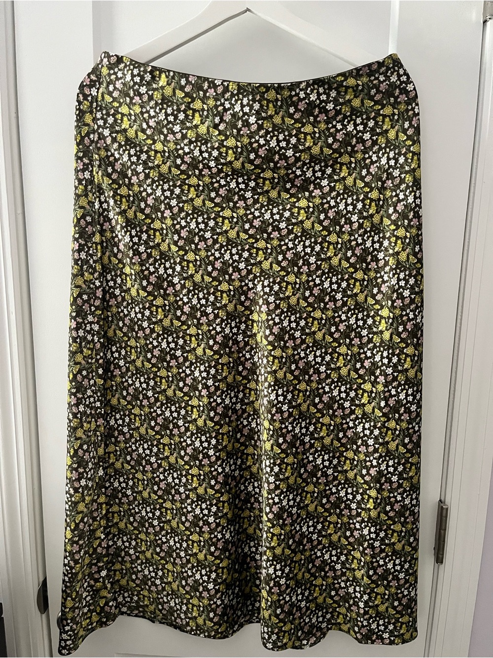 J Crew Women's Floral Satin Midi Skirt - Black with Yellow & Pink Flowers